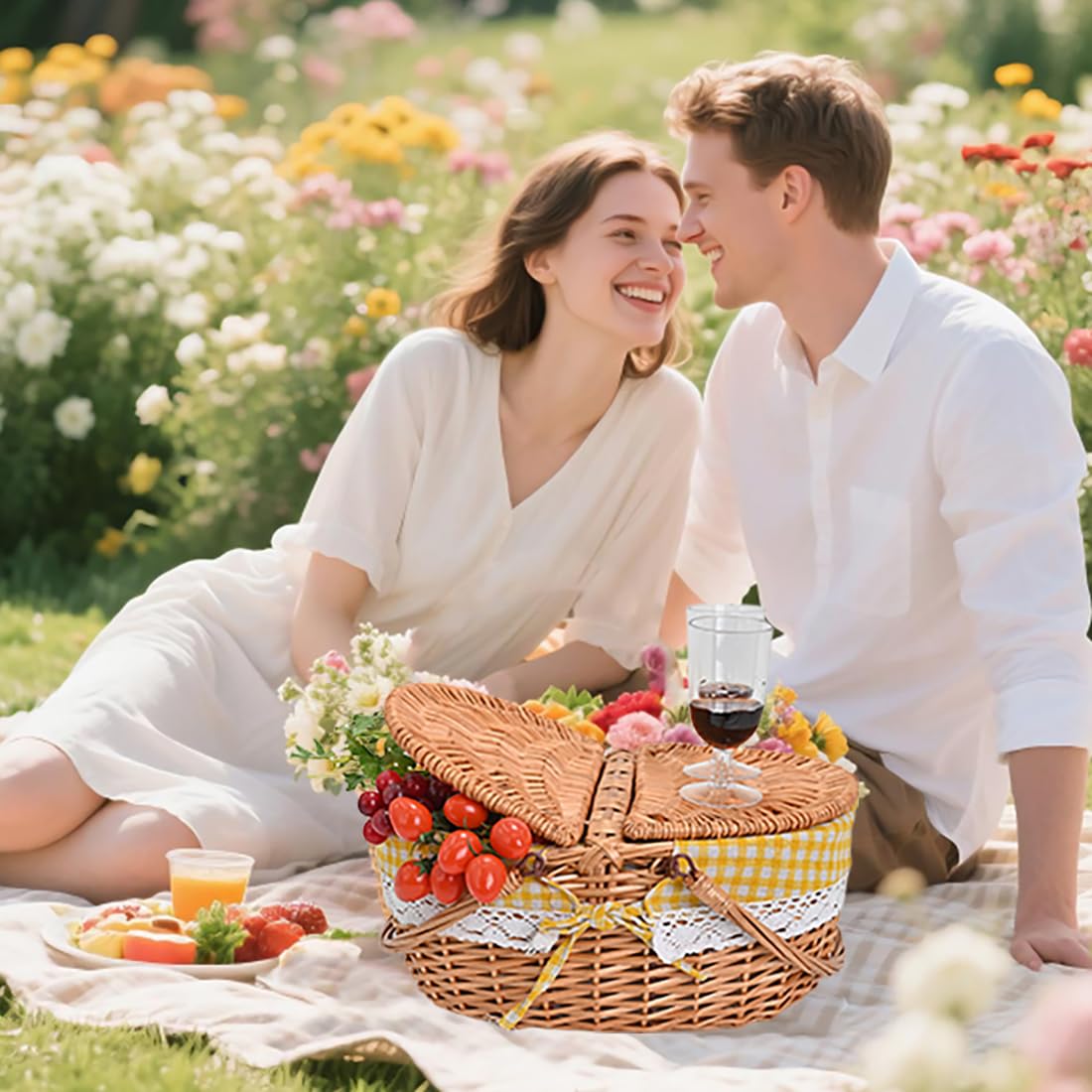 SatisInside picnic basket in a park setting ready for an outdoor meal