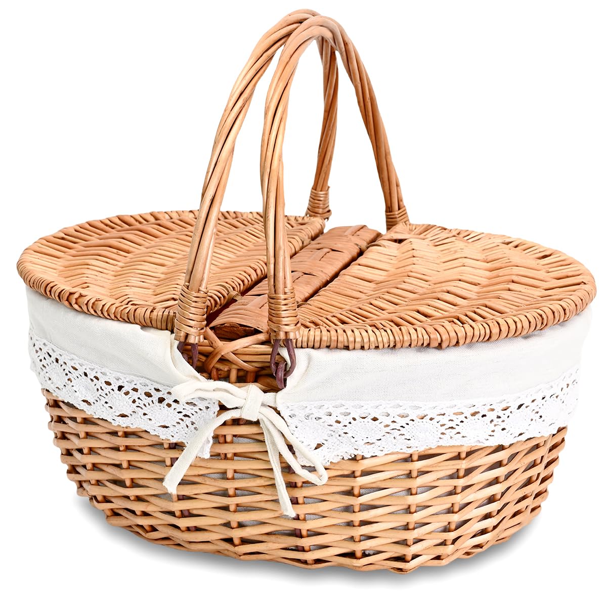 SatisInside front view of wicker picnic basket showing natural finish and lid benefit