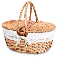 SatisInside front view of wicker picnic basket showing natural finish and lid benefit