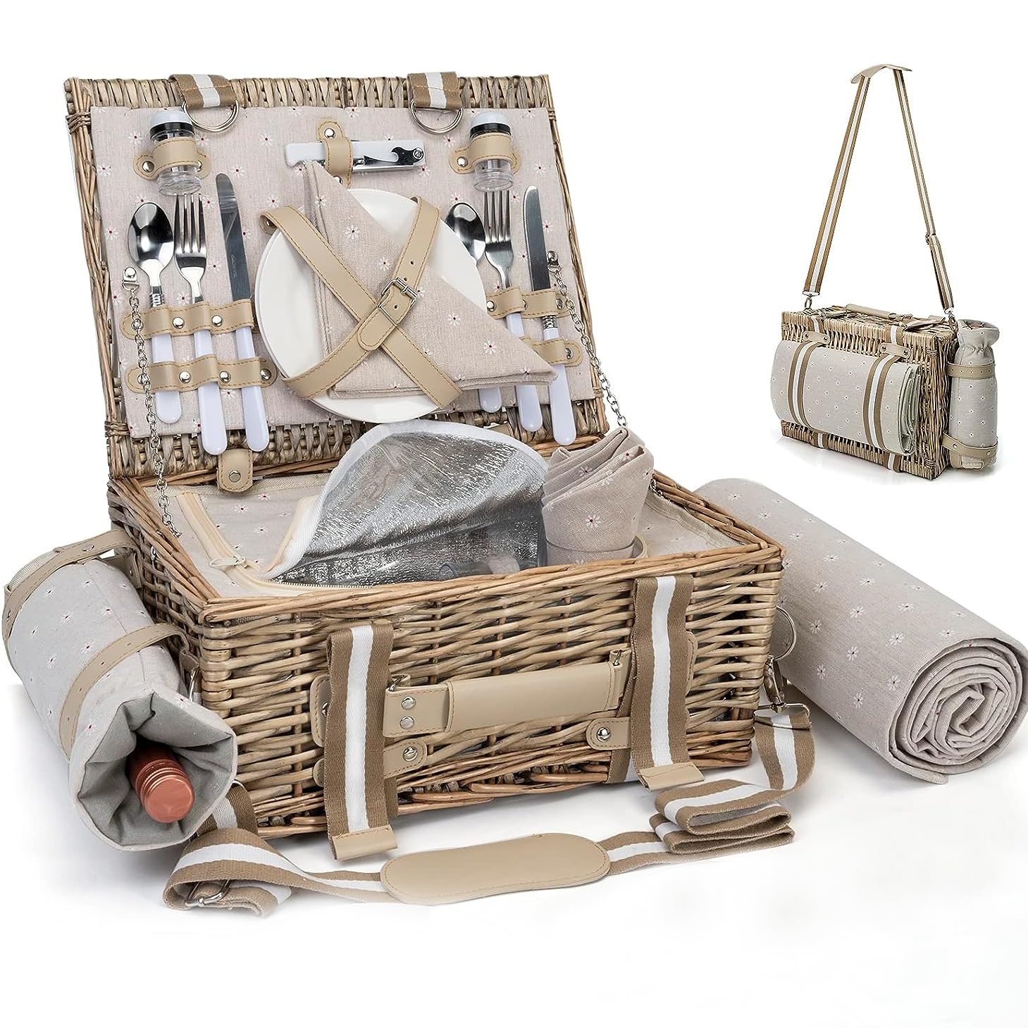 SatisInside front view of wicker picnic basket shows organized storage benefit