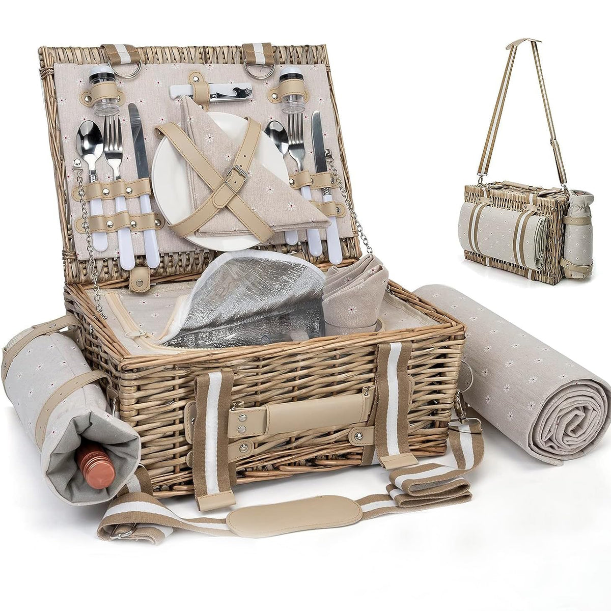 SatisInside front view of wicker picnic basket shows organized storage benefit