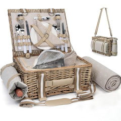 SatisInside front view of wicker picnic basket shows organized storage benefit