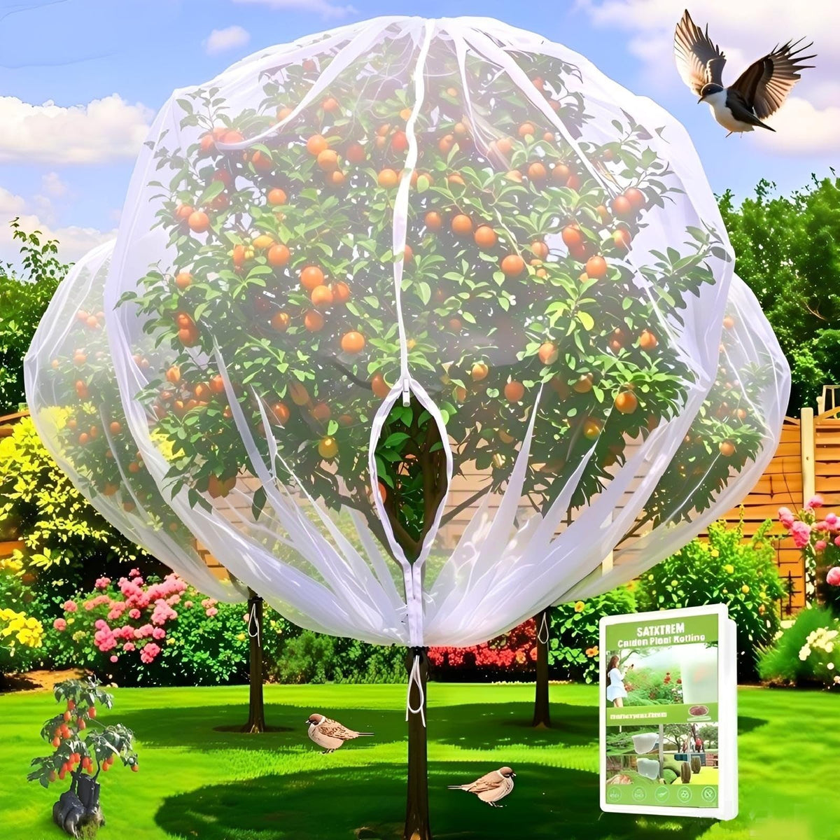 SATXTREM front packaging showing two 15x15 ft net covers protecting plants