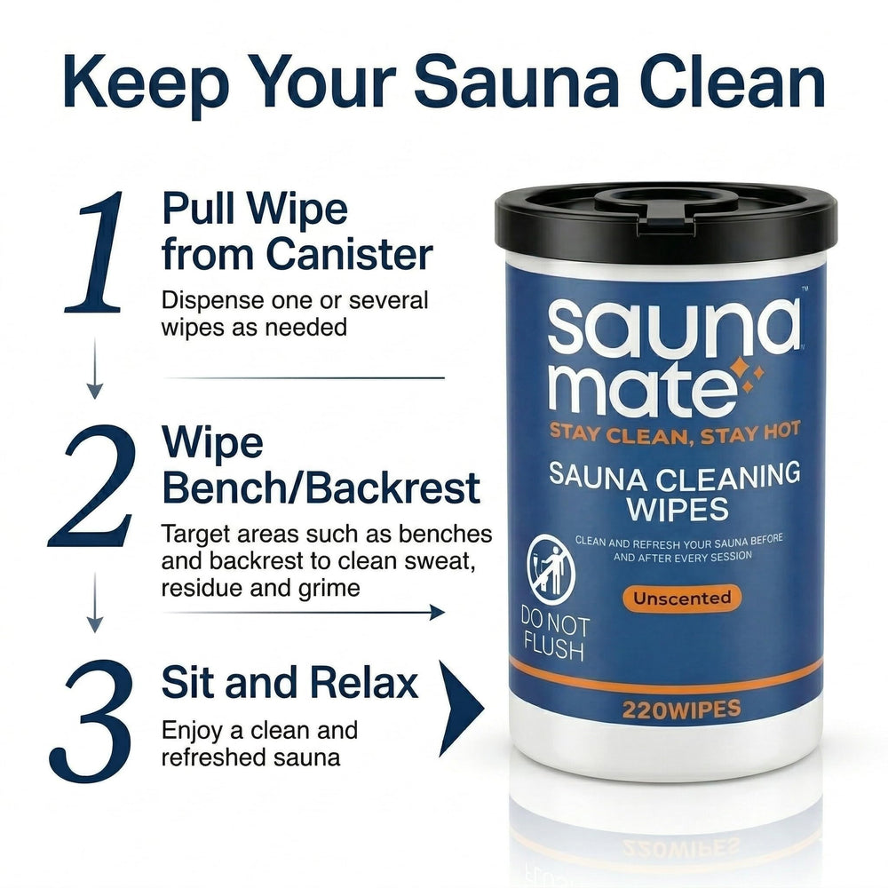 SaunaMate product label detail with usage instructions and storage warnings