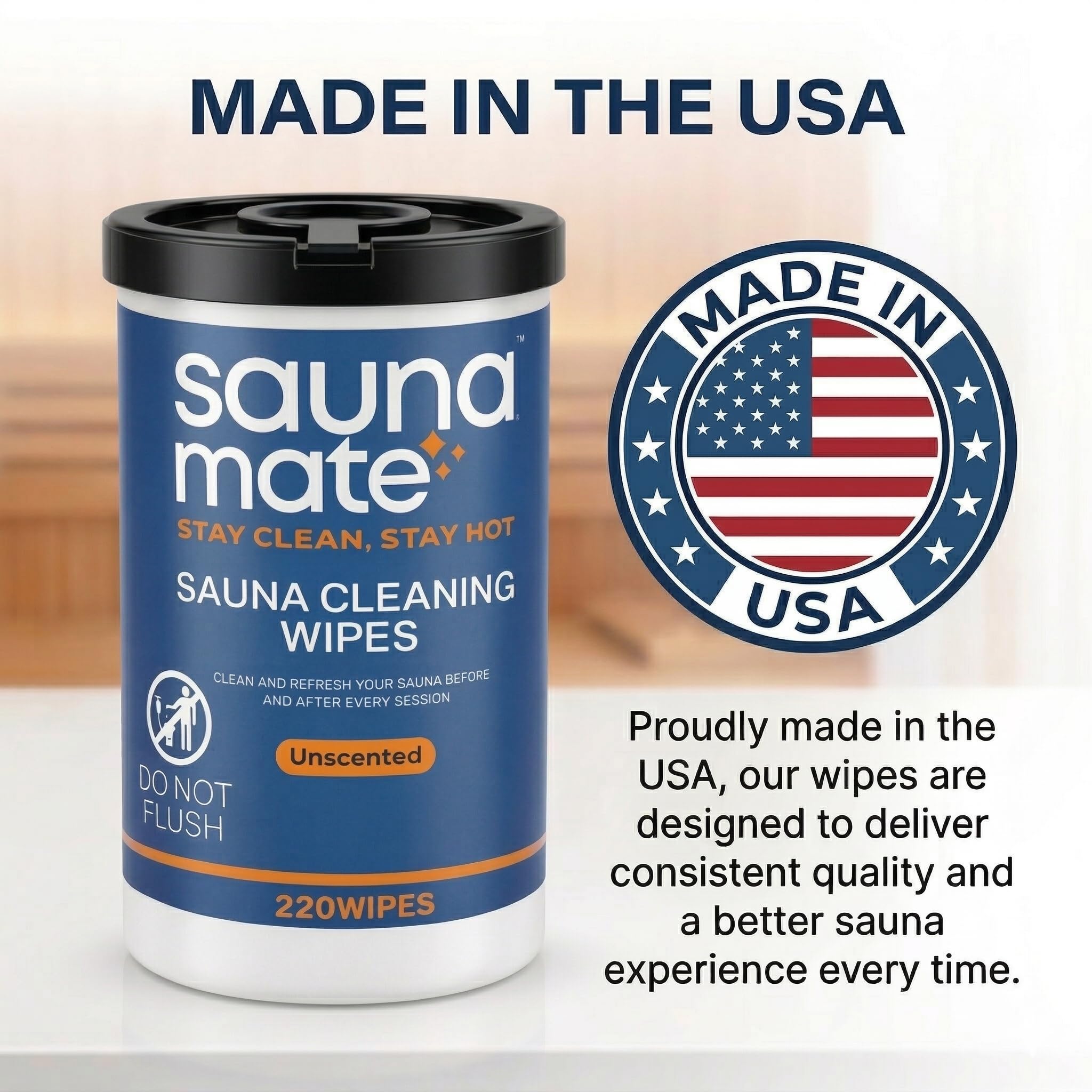 SaunaMate wipes on sauna bench in spa setting promoting fresh, ready sessions