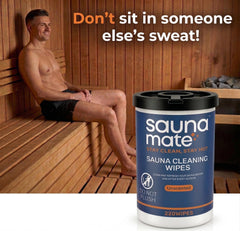SaunaMate wipe used on sauna bench removing sweat and oils for cleaner surface