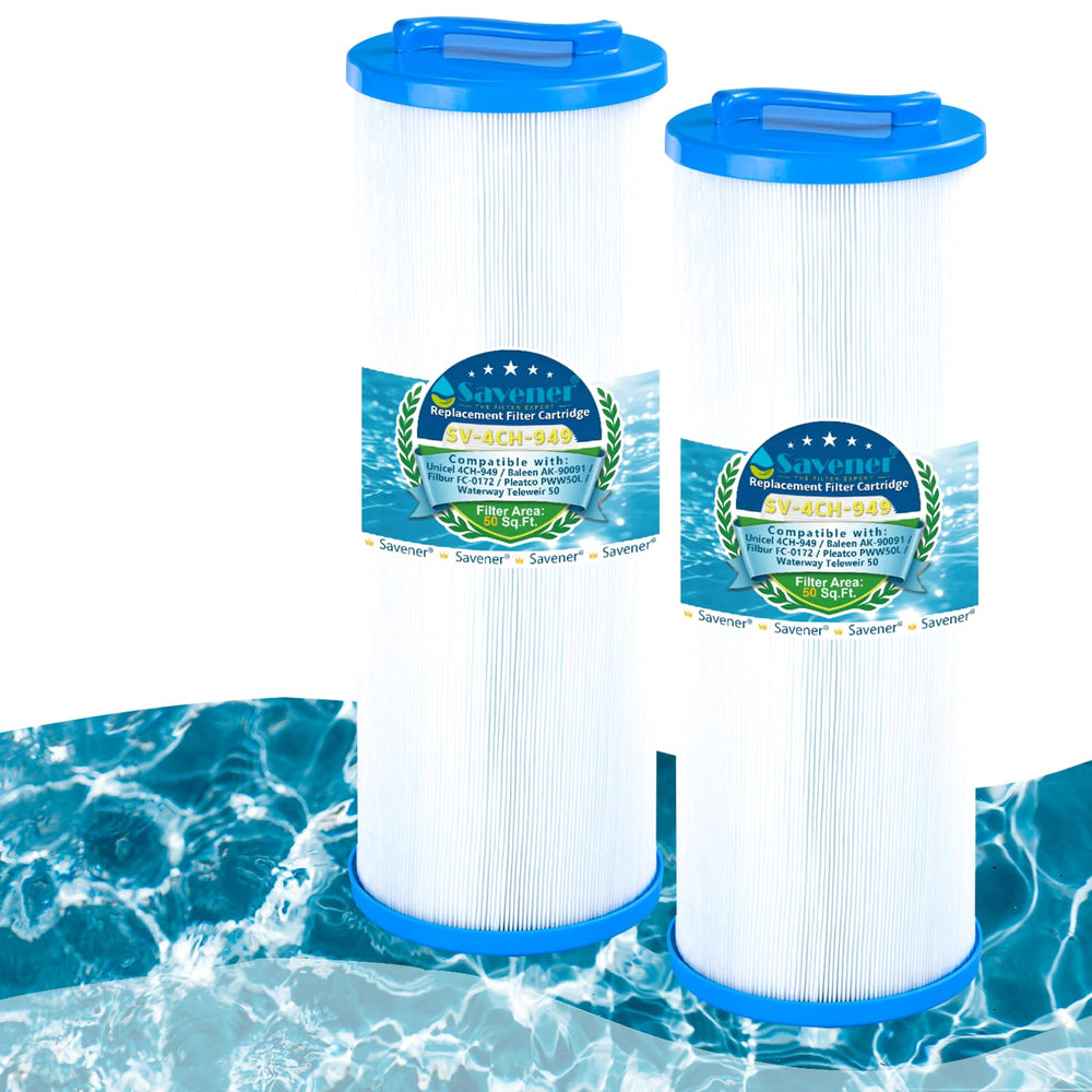 Savener cartridge in a relaxed backyard spa scene indicating clearer water