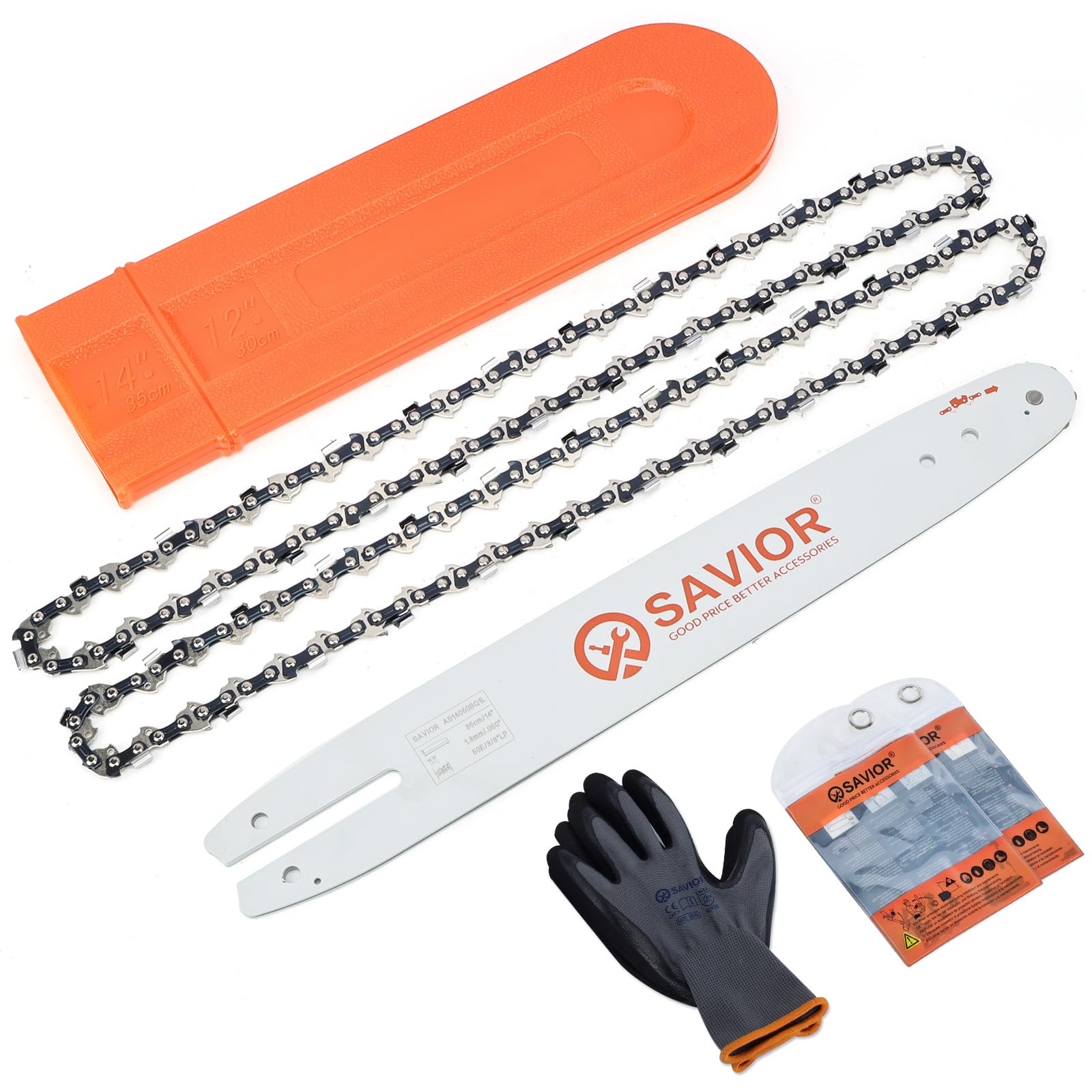 Savior 14-inch guide bar front view showing fitment and durable finish for easier replacement