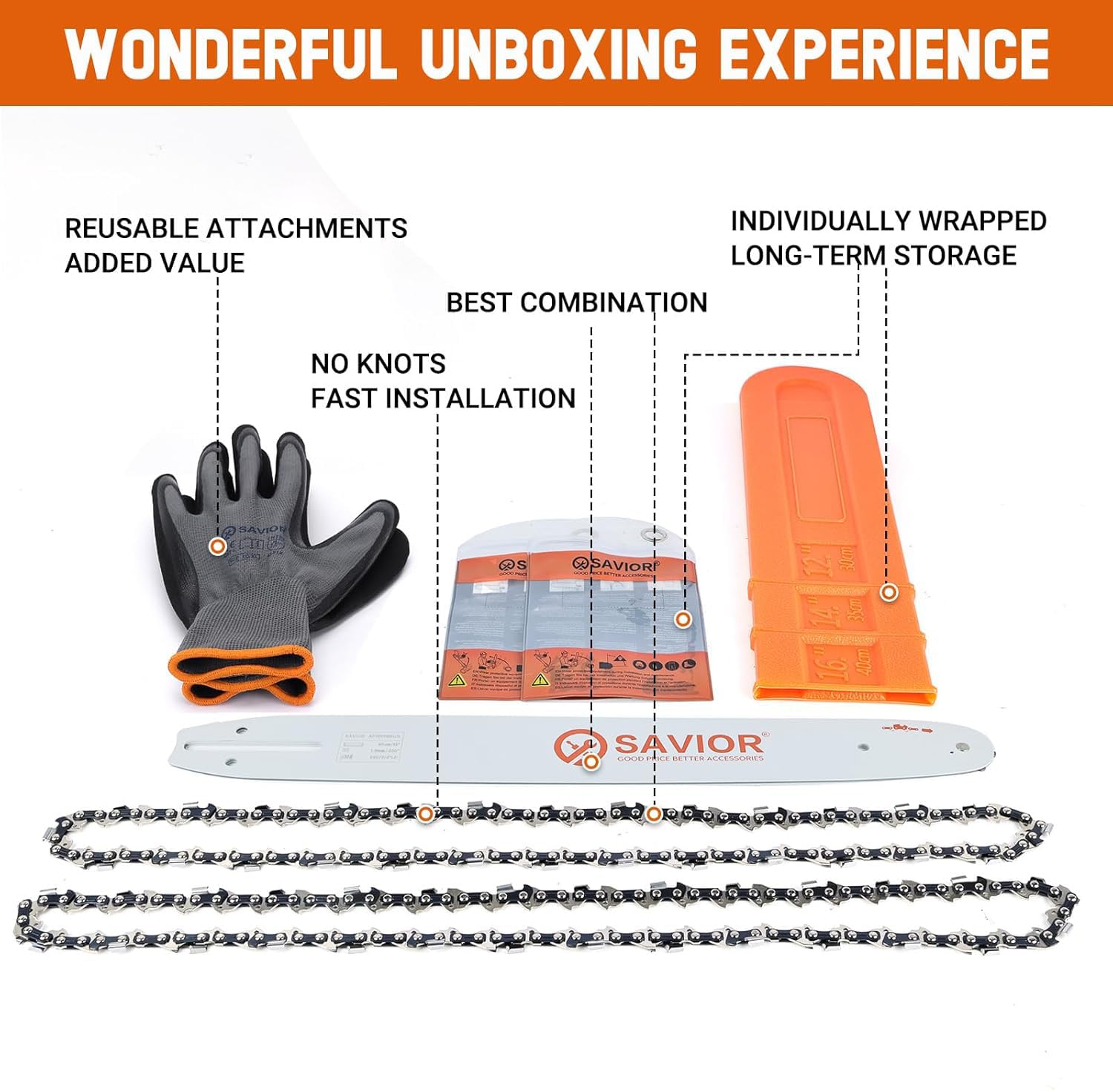 Savior package accessories laid out showing spare chain and protective bags