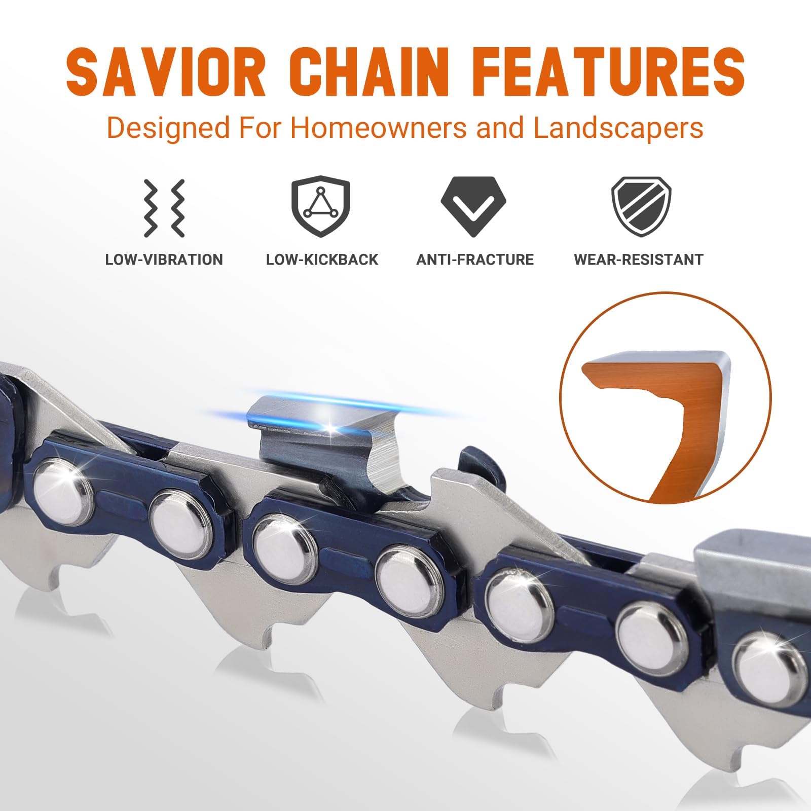 Savior chain rivet close-up showing heat-treated joints for durability