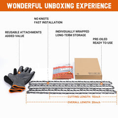 Savior three chains stored in protective bags to prevent rust and damage
