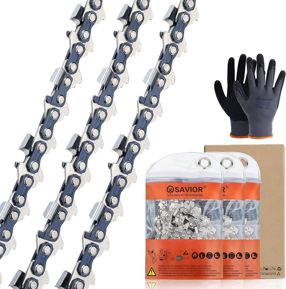 Savior front packaging showing three 16-inch replacement chains for quick swap