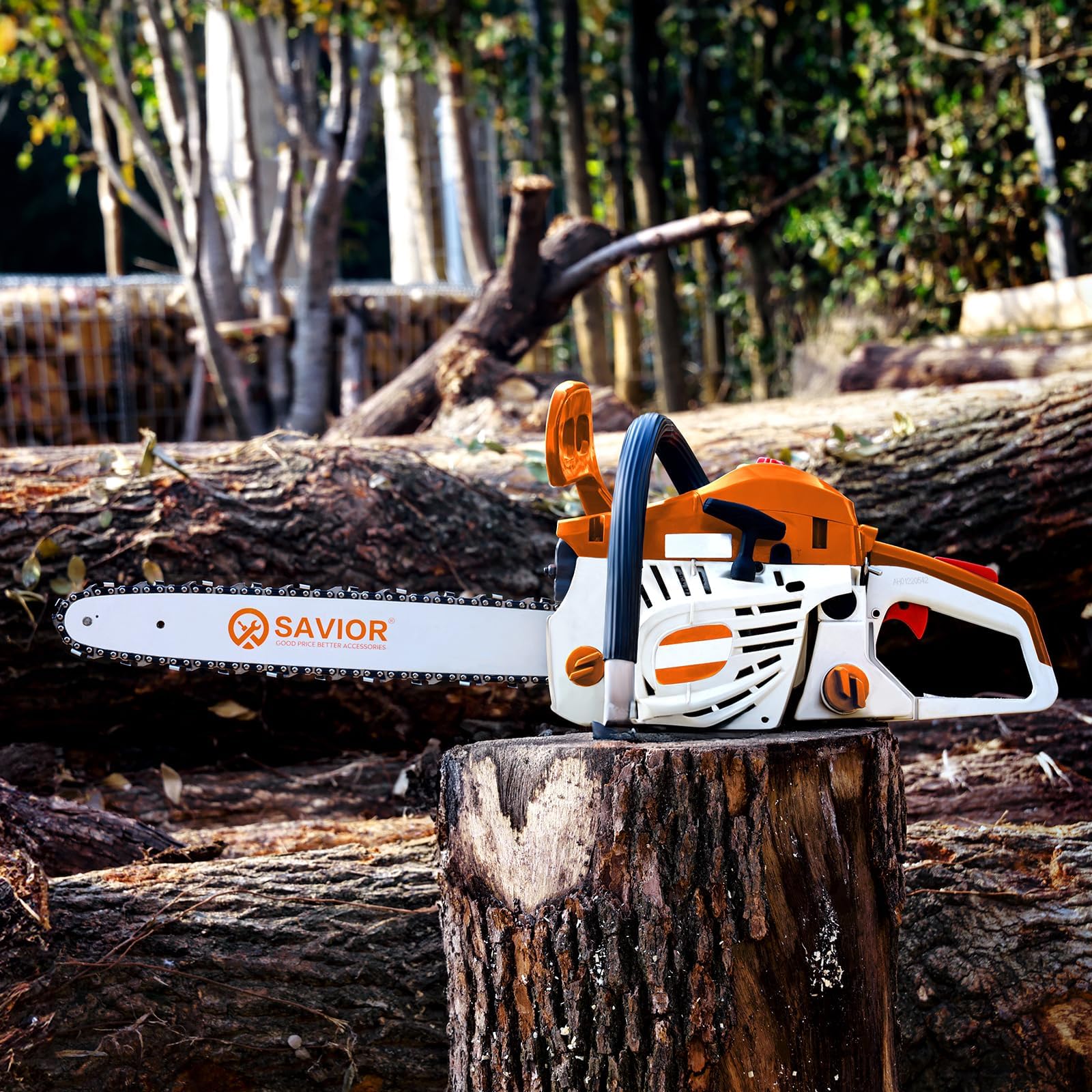 Savior chain in use cutting firewood illustrating dependable performance