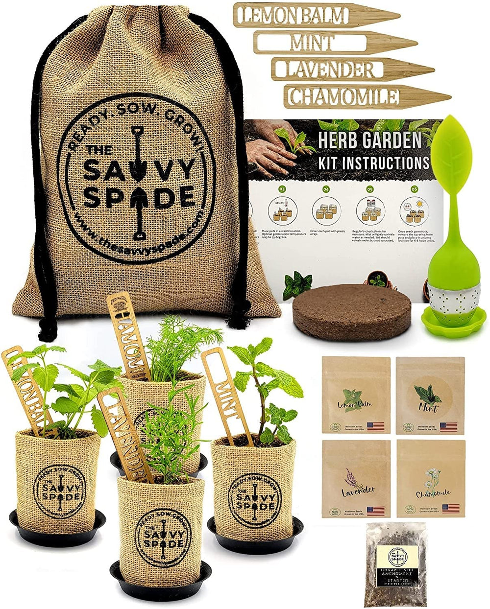 The Savvy Spade front packaging showing kit contents and gift-ready bag benefits organization