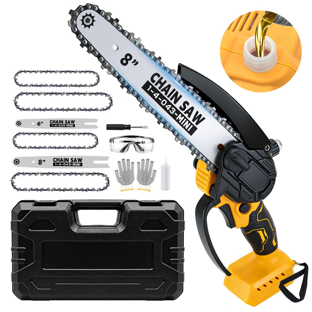 SavvyMate front view showing packaged mini chainsaw for quick setup