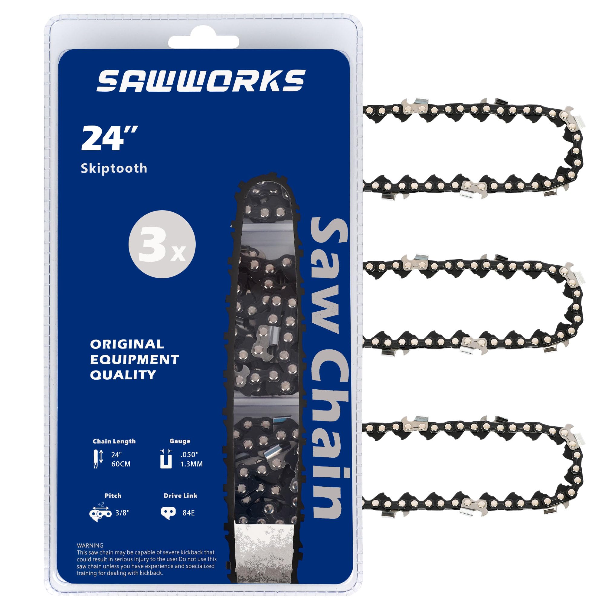 SawWorks caja frontal de la cadena 24 pulgadas mostrando especificaciones y beneficio durabilidad