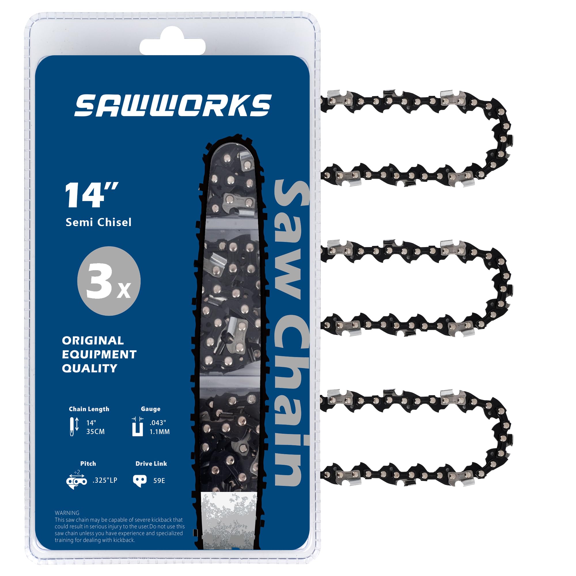 SawWorks front packaging showing 14-inch chain and specifications for easy selection
