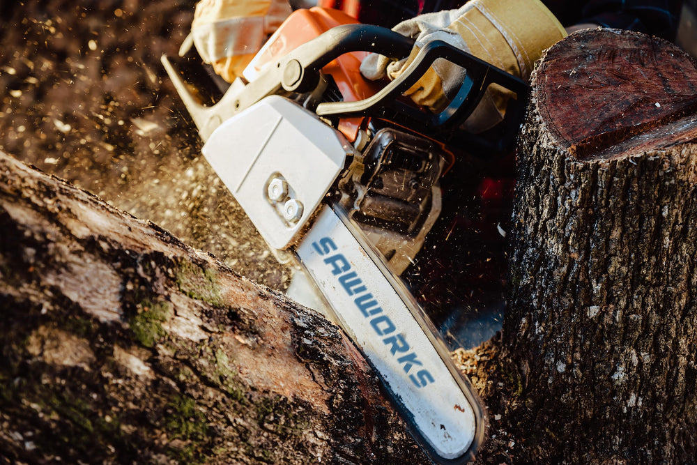 SawWorks chain installed on saw in backyard showing professional performance