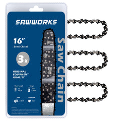 SawWorks front packaging of 16 inch chain showing model and benefits