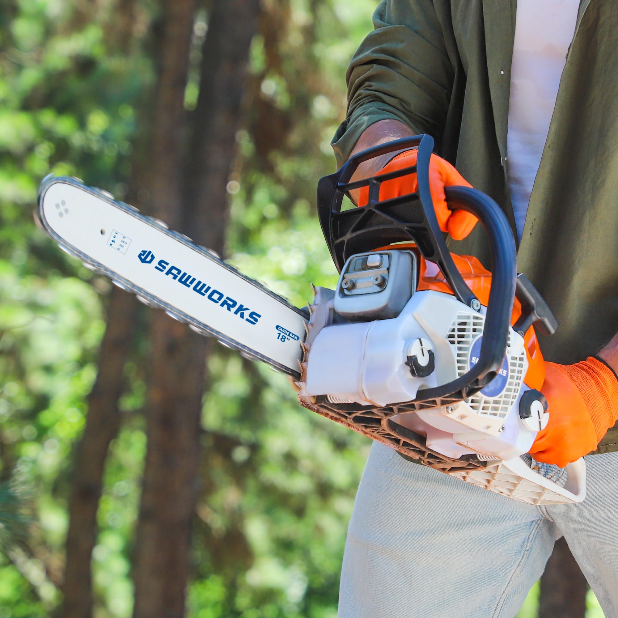 SawWorks chain in use cutting firewood illustrating efficient cutting and reduced fatigue