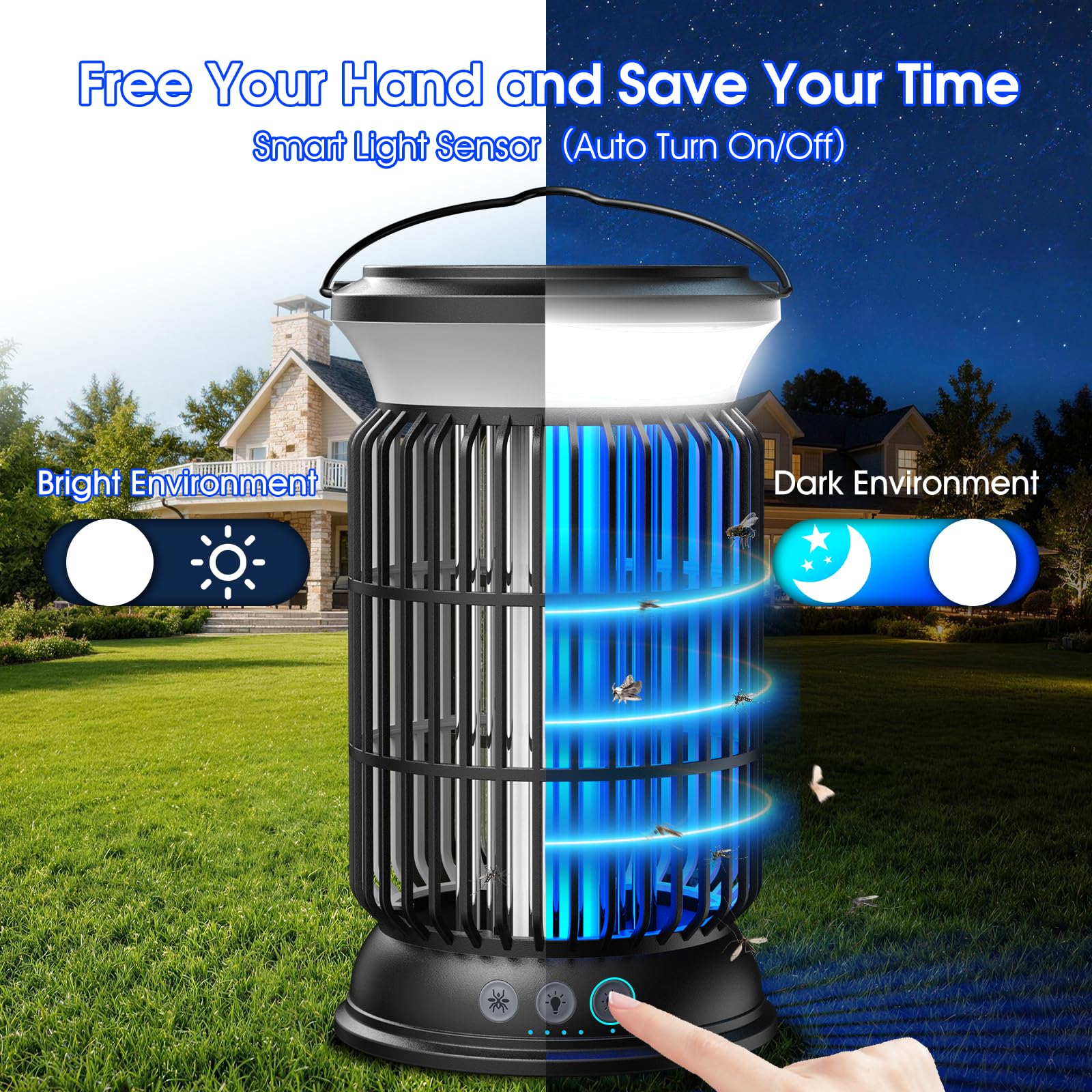 Sayneep held in hand for scale demonstrating portable cordless outdoor protection