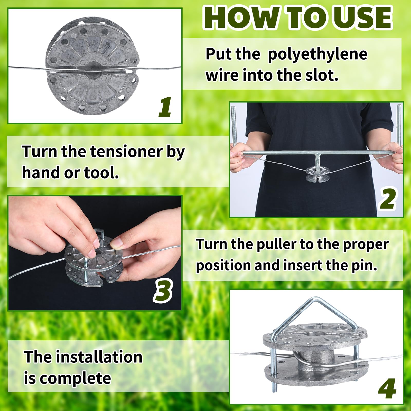 Saysurey tensioner in use on a post speeding fence tightening process
