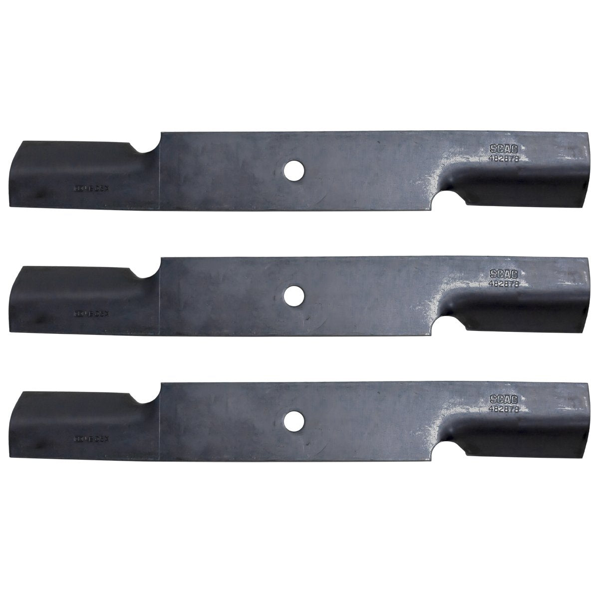 Scag 3-pack 482878 front view showing blades and packaging, ensures correct fit