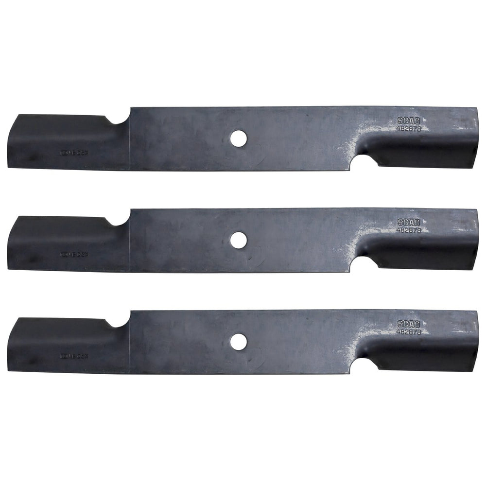 Scag 3-pack 482878 front view showing blades and packaging, ensures correct fit