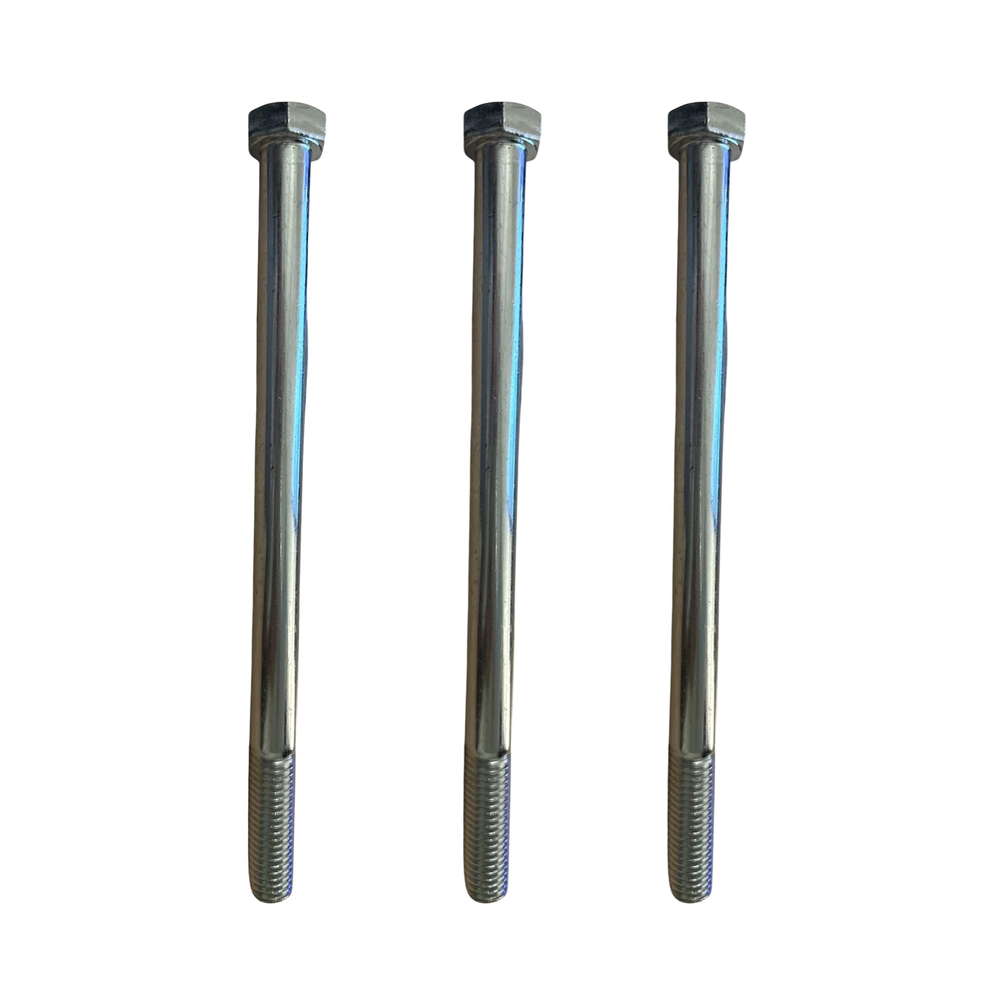 Scag front view of three hex-head spindle bolts showing correct fit and OEM packaging