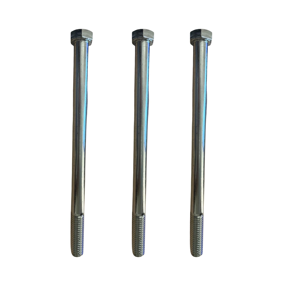 Scag front view of three hex-head spindle bolts showing correct fit and OEM packaging