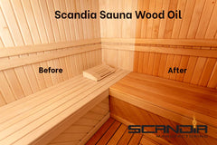 One-gallon Scandia beside tools and plank illustrating coverage and scale