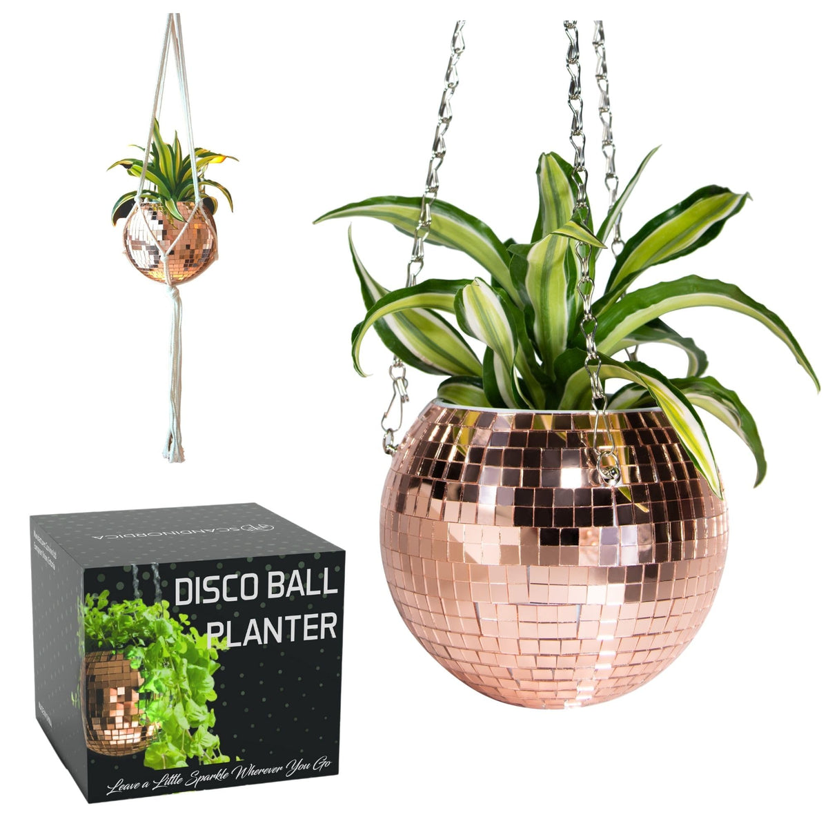 SCANDINORDICA front view of rose gold disco ball planter highlighting shape and shine