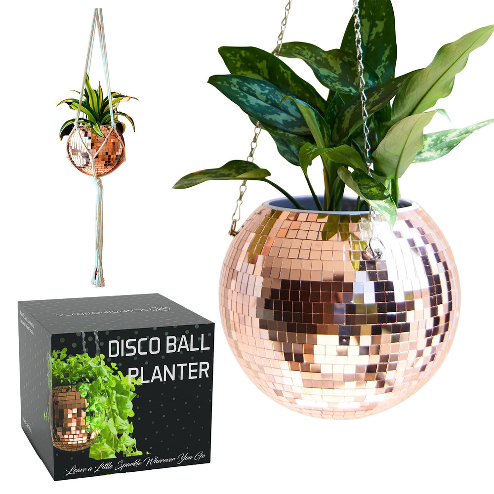 SCANDINORDICA front view showing rose gold disco ball planter adding sparkle