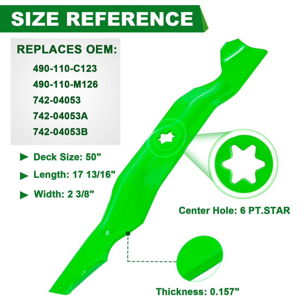 SCBHWJ 50-inch deck blades showing sharp edge profile for consistent cutting