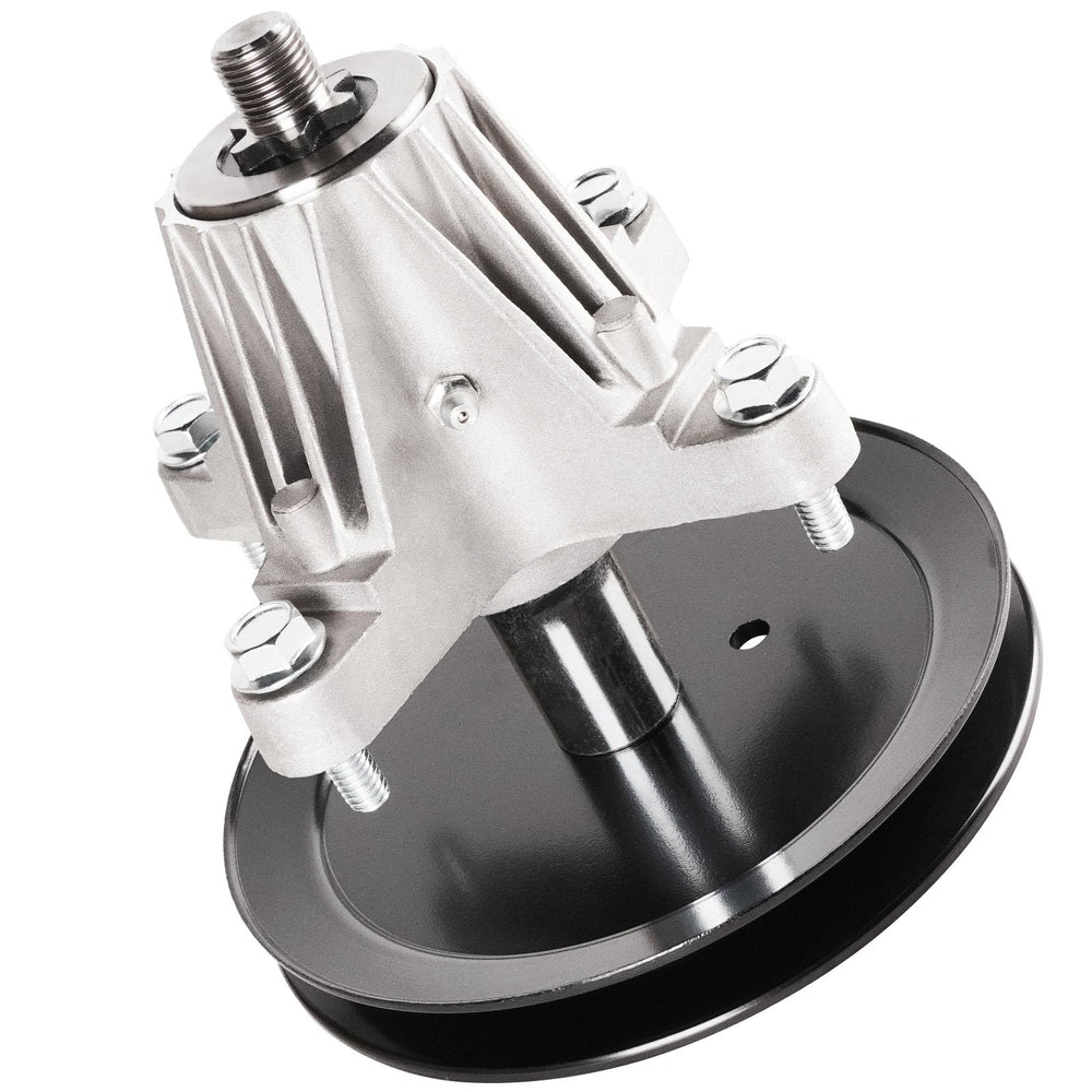 SCBHWJ front view of 46-inch deck spindle assembly showing mounting pattern and benefit: direct-fit replacement