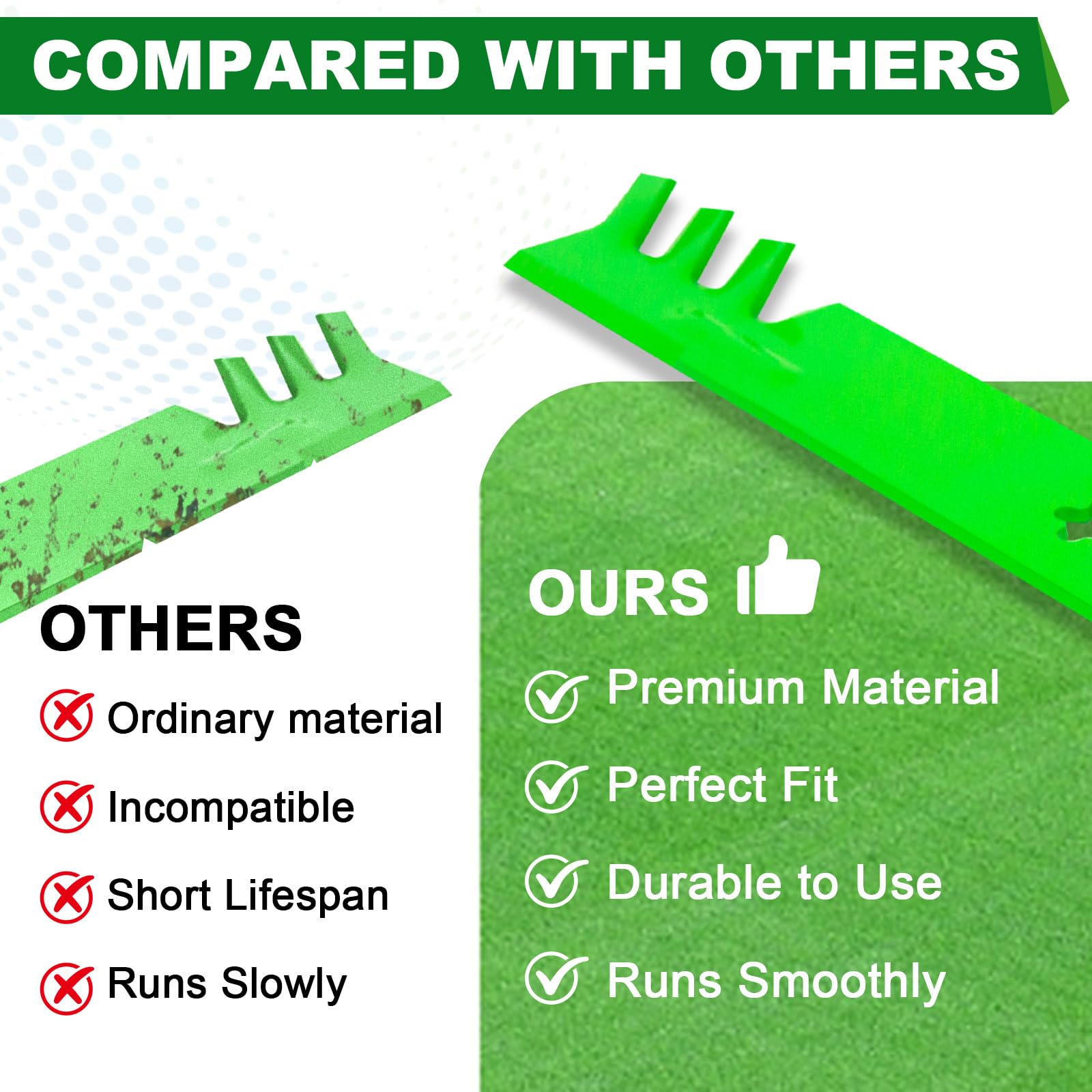SCBHWJ blades on lawn mower in use illustrating clean cut and mulching benefit