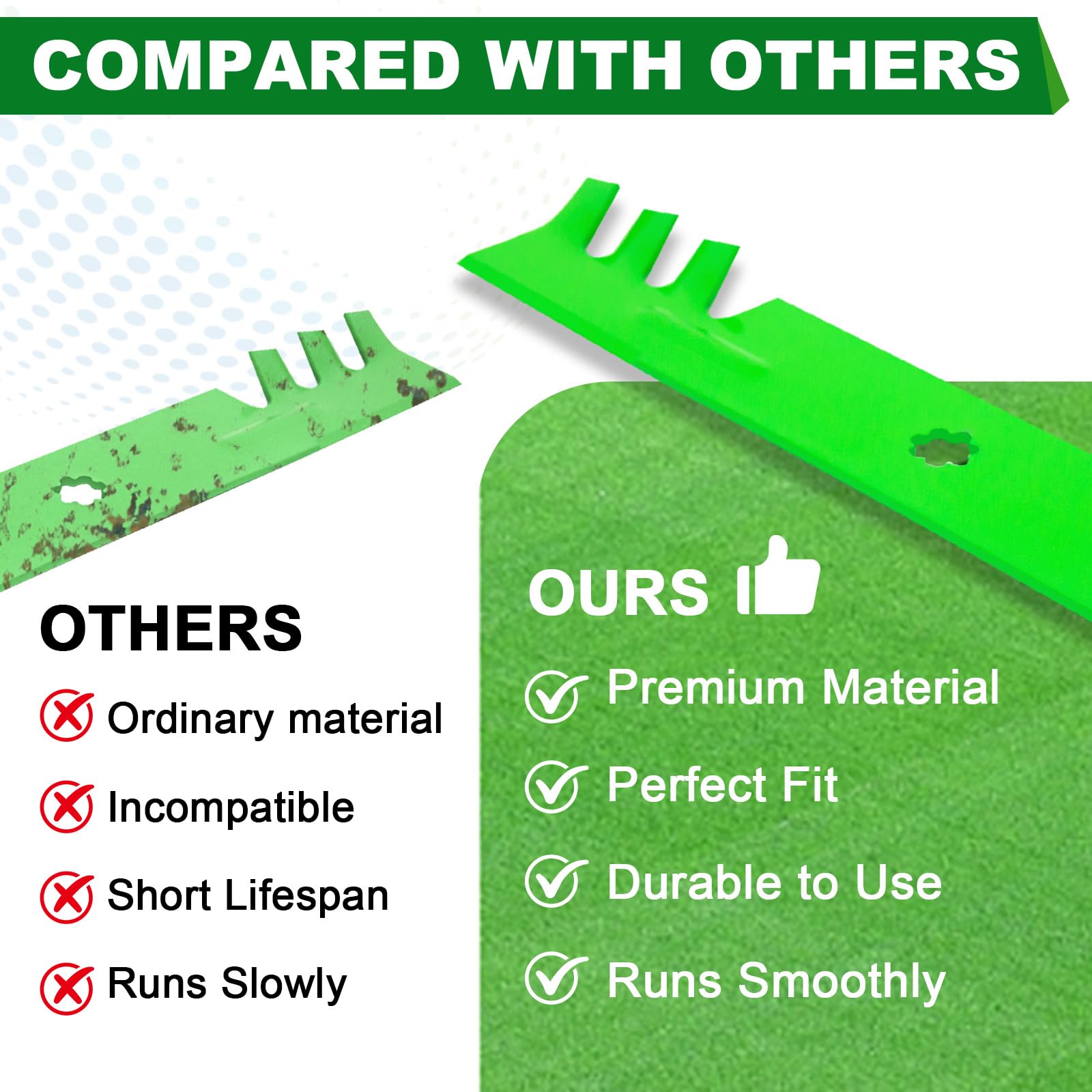 SCBHWJ blades on a mower in a yard demonstrating cleaner cut and mulch