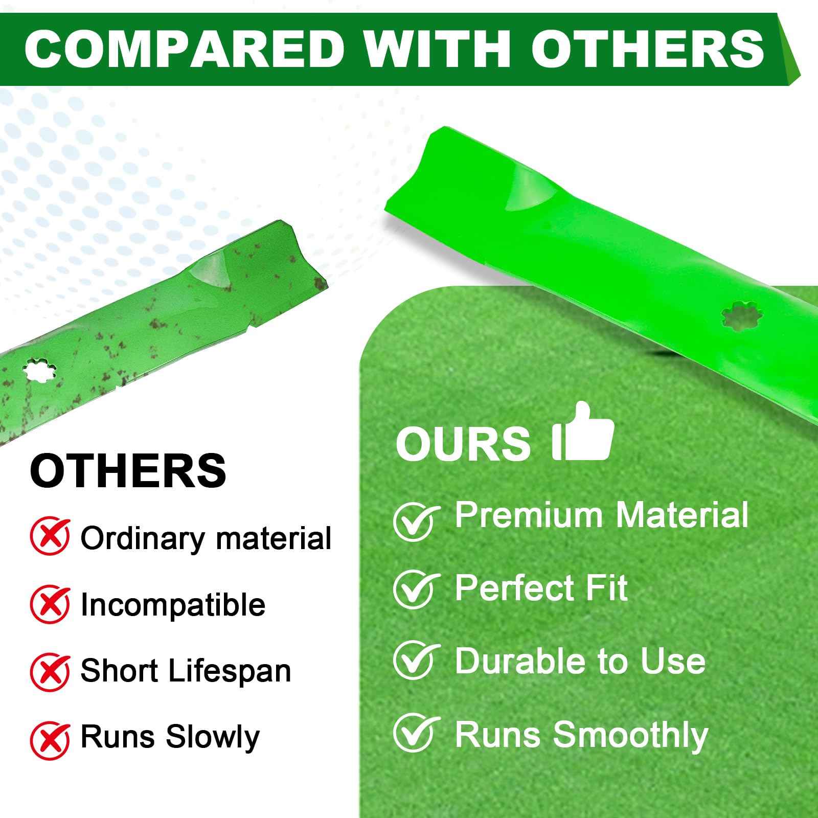 SCBHWJ blades on a tractor mowing lawn showing improved cut quality and efficiency
