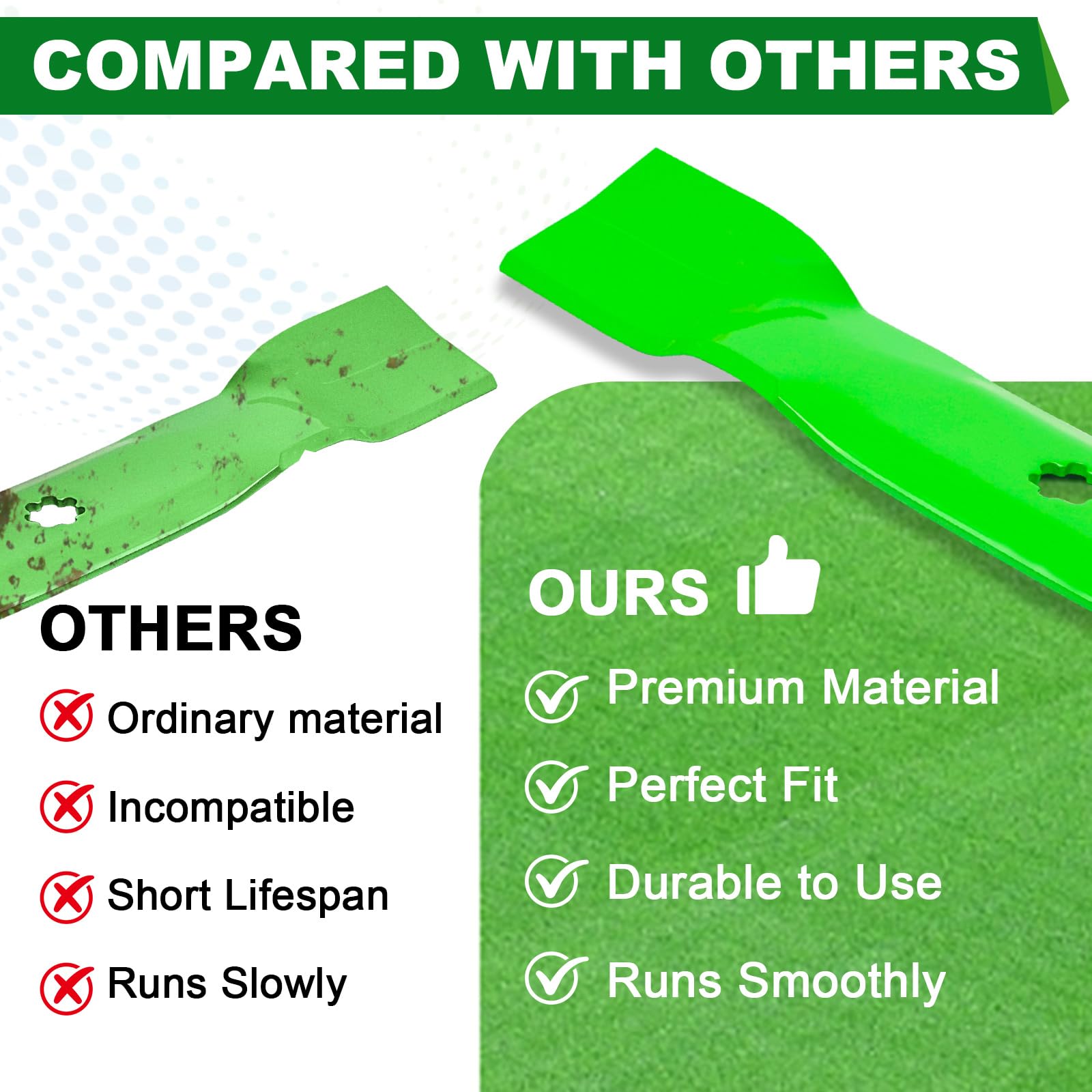 SCBHWJ blades on mower mowing lawn for neater clippings and bagging