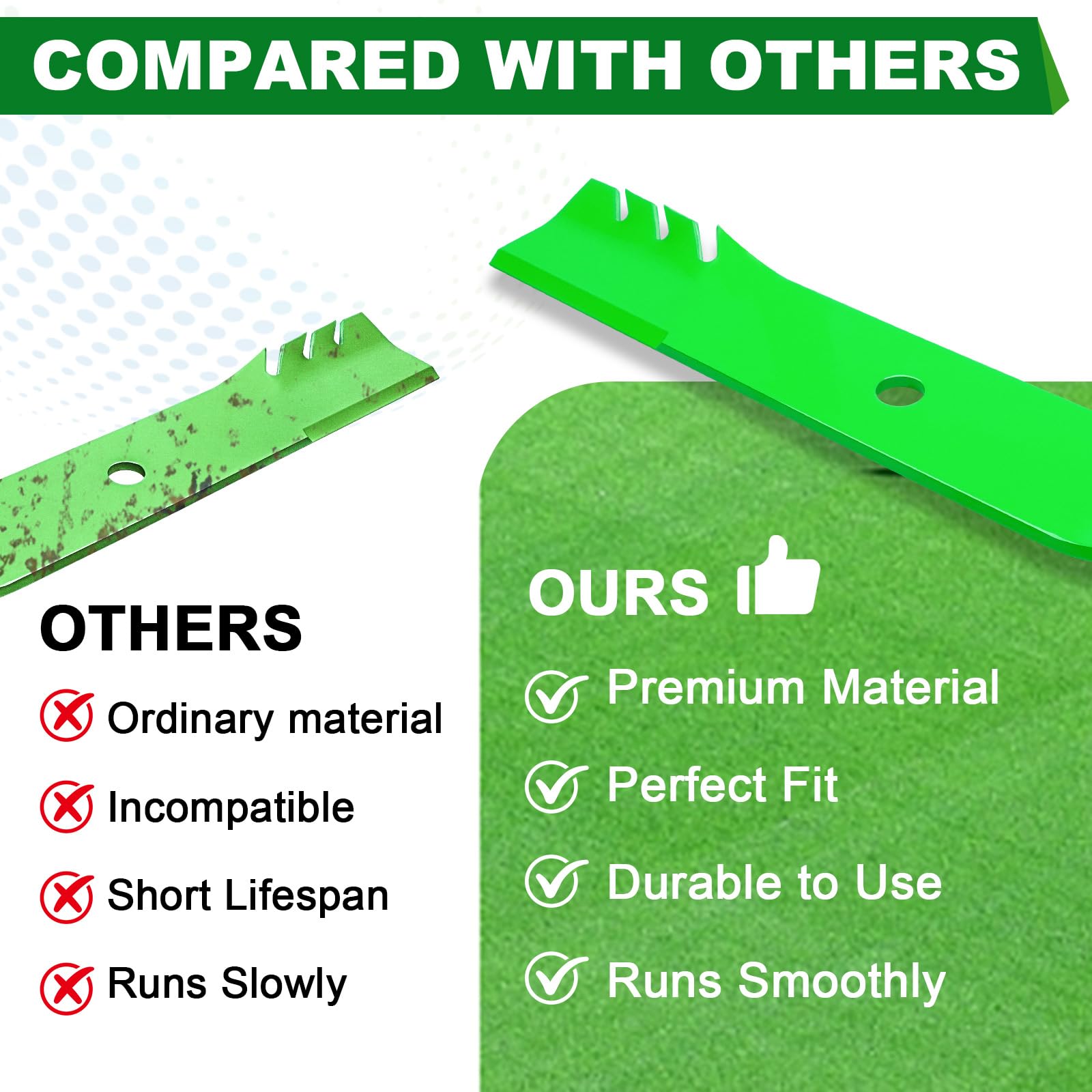 SCBHWJ blades on a mower cutting grass for consistent finish
