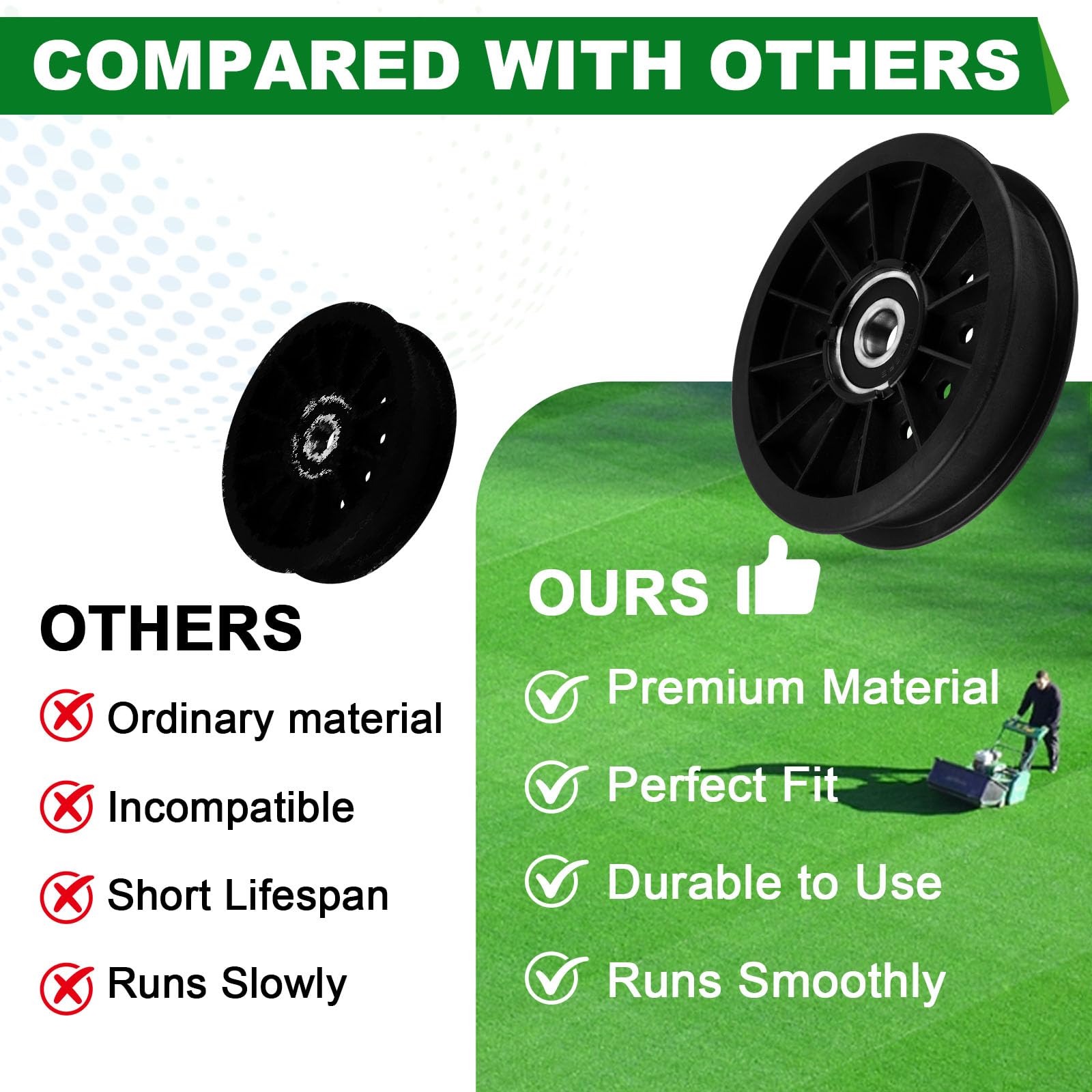 SCBHWJ pulley in packaging with label indicating OEM-compatible replacement savings