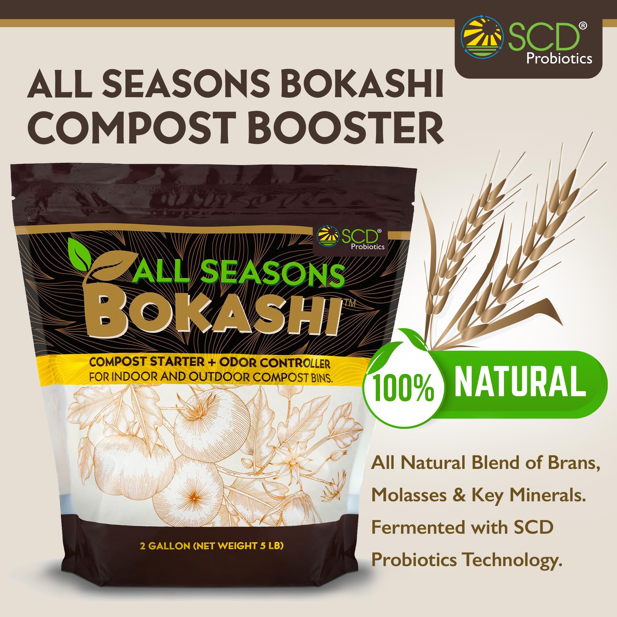 Close-up of bokashi bran texture from SCD Probiotics showing absorbent fermented wheat bran