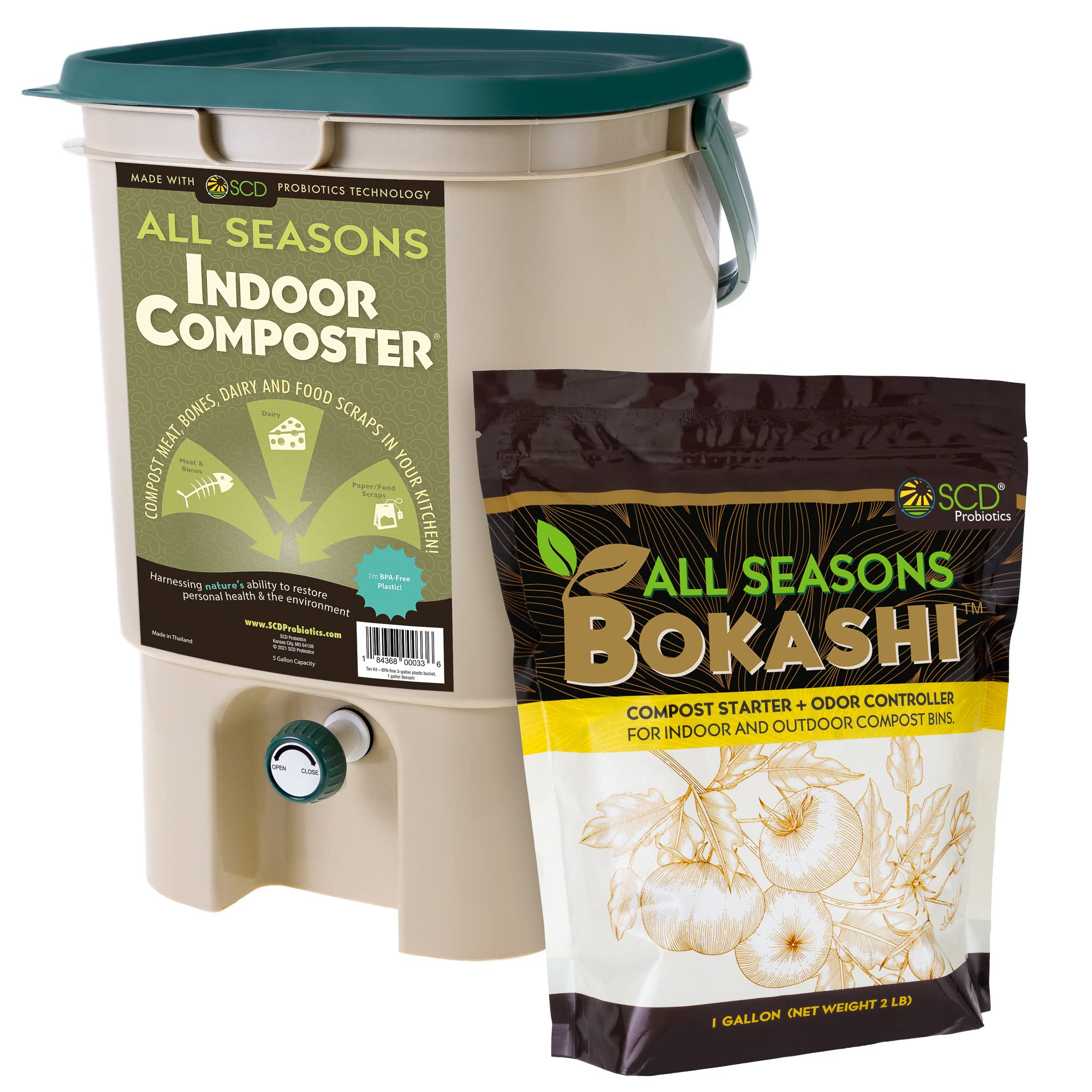 SCD Probiotics front view of 5-gallon indoor compost bin showing compact benefit