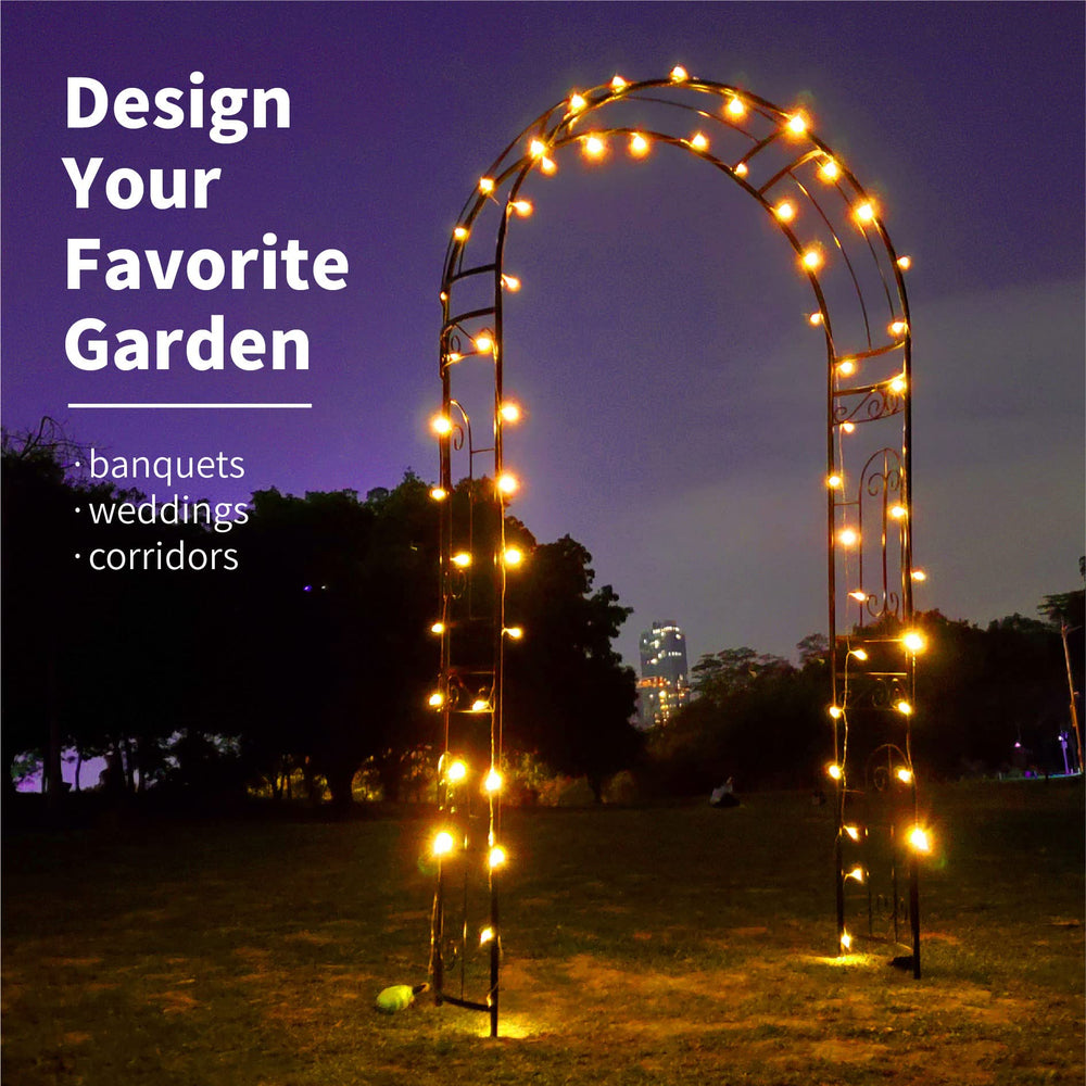 SCENDOR arbor draped with fabric and lights showing styling versatility