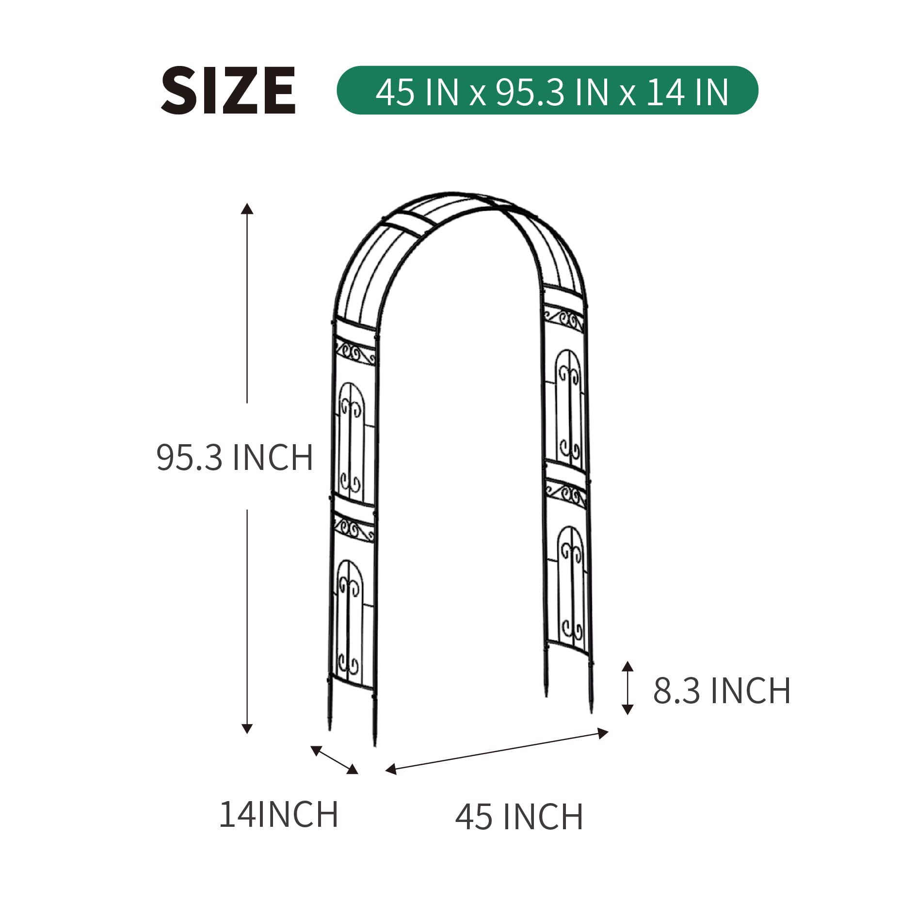 SCENDOR side profile of arbor showing sturdy frame and garden fit
