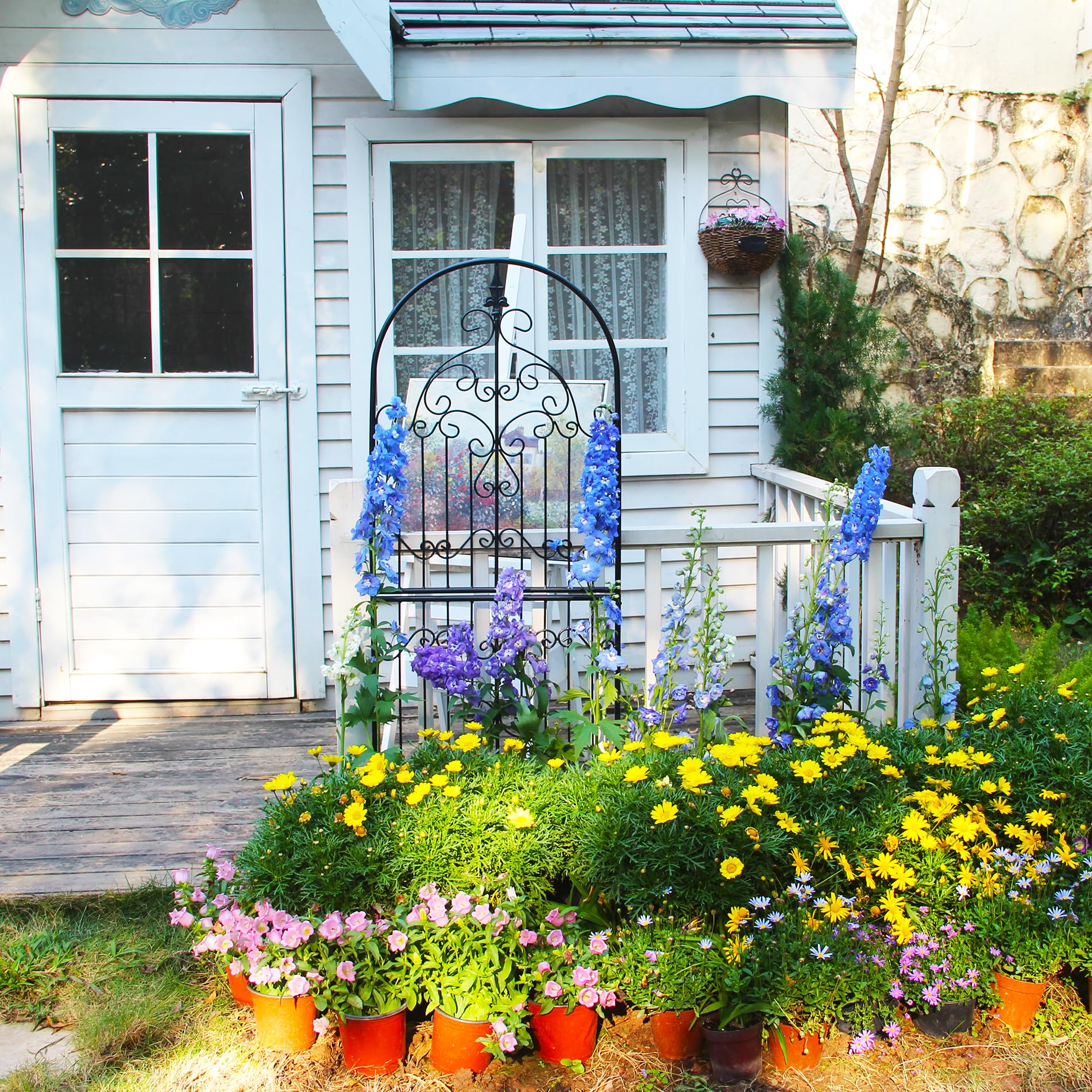 SCENDOR trellis supporting hanging pots to increase vertical planting space