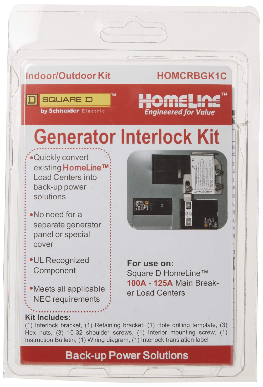 Schneider Electric HOMCRBGK1C front view showing interlock on Homeline panel for safe generator hookup