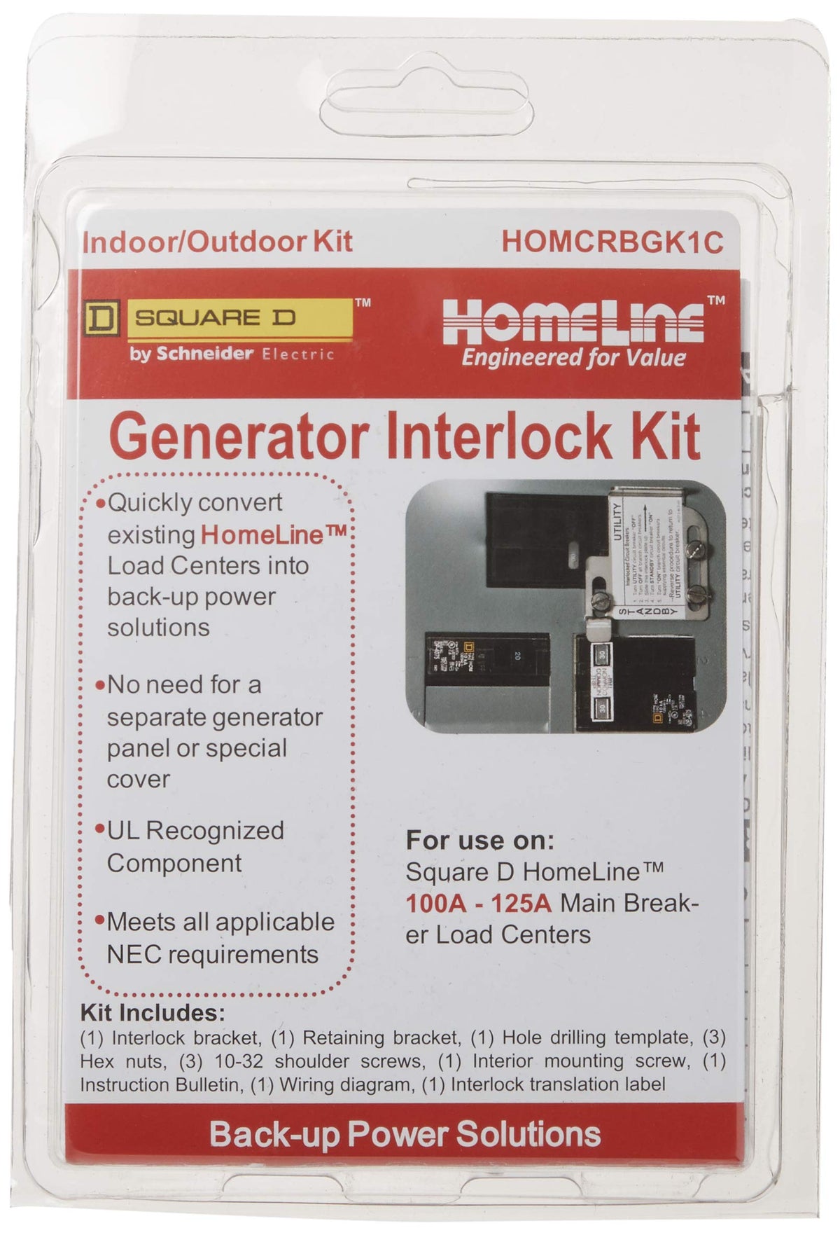 Schneider Electric HOMCRBGK1C front view showing interlock on Homeline panel for safe generator hookup