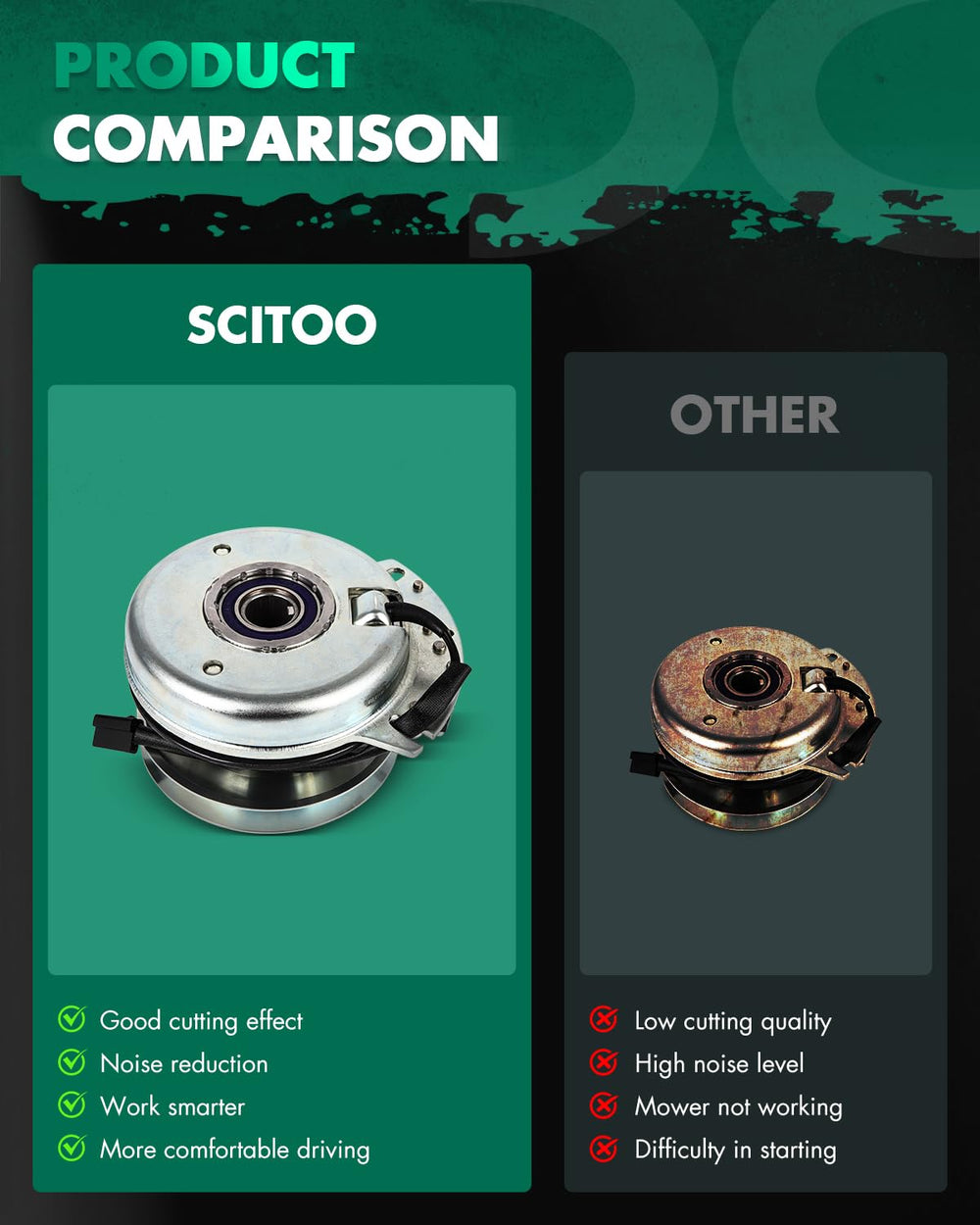 SCITOO clutch installed on tractor deck demonstrating direct-fit replacement