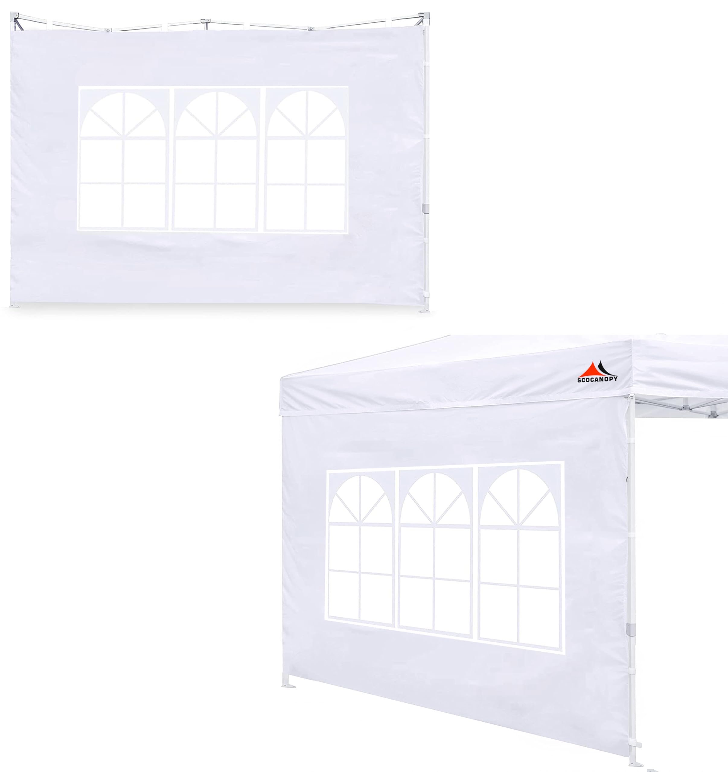SCOCANOPY front view of two white sidewalls showing full coverage and weather protection